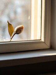 Leinwandbilder - A single magnolia flower bud resting on a window sill illuminated by soft natural light : Generative AI