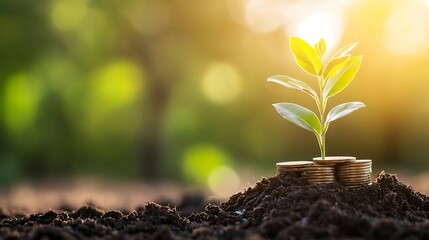 Poster - New plant sprout emerging from soil surrounded by coins symbolizing growth and investment : Generative AI