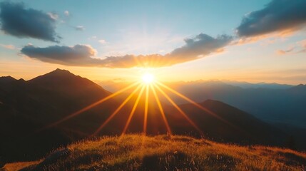 Fototapete - Stunning sunrise view over majestic mountains illuminating the sky with vibrant sun rays : Generative AI