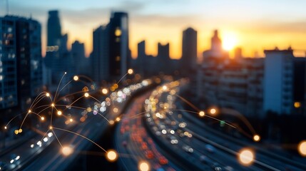 Poster - City skyline during sunset with traffic light trails and digital connections : Generative AI