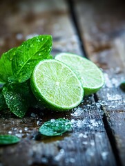 Aufkleber - Freshly cut lime slices with mint leaves on rustic wooden background : Generative AI