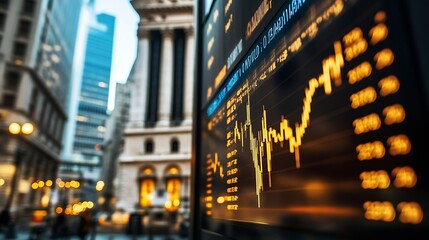 Poster - Dynamic stock market display showing financial growth trends in a vibrant urban setting : Generative AI