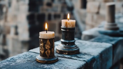 Poster - Elegant candles burning softly on a rustic surface in an atmospheric setting : Generative AI