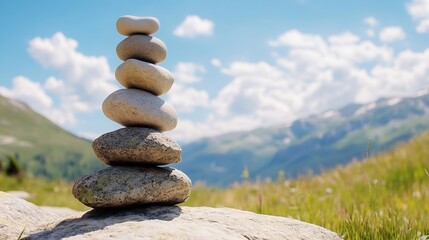 Poster - Carefully balanced rocks creating a zen garden aesthetic surrounded by nature : Generative AI