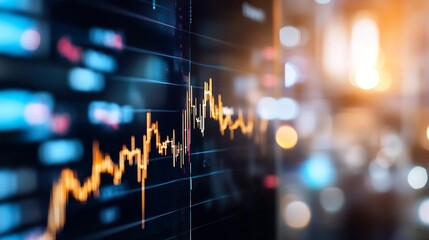 Leinwandbilder - Closeup view of a financial chart displaying stock market trends with vibrant colors and lights : Generative AI