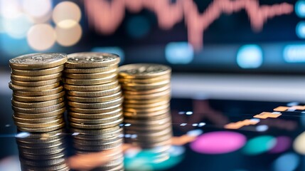 Poster - Close view of stacked coins and financial charts representing wealth accumulation and economic growth : Generative AI