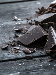 Aufkleber - Rich dark chocolate pieces scattered on a rustic wooden table in a delightful arrangement : Generative AI