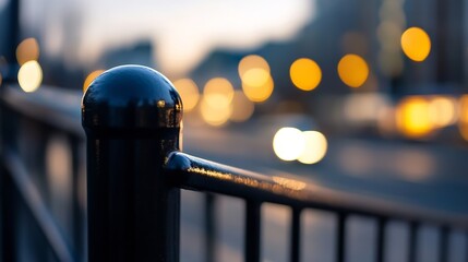Poster - Artistic closeup of a sleek rail post against a soft blurred background at dusk : Generative AI