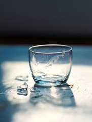 Poster - A delicate glass tumbler surrounded by shards of broken glass reflecting soft natural light creating a serene atmosphere : Generative AI