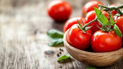 Poster - Freshly Harvested Red Tomatoes Arranged in a Natural Wooden Bowl with Green Herbs : Generative AI