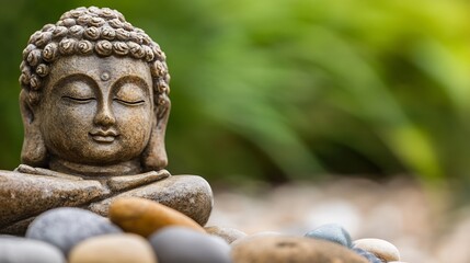 Aufkleber - A serene Buddha statue surrounded by smooth pebbles and vibrant greenery symbolizing tranquility : Generative AI