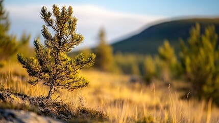Aufkleber - serene golden pine tree surrounded by vibrant green hills in nature landscape : generative ai