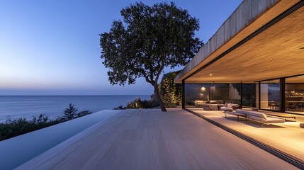 Aufkleber - Modern coastal home at twilight featuring stylish architecture and breathtaking ocean views : Generative AI