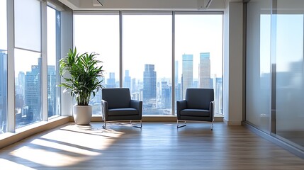 Poster - Modern office interior with scenic city view through large windows and green plants : Generative AI