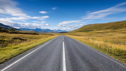 Aufkleber - Scenic Road Stretching Through Green Hills with Majestic Mountains Under Blue Sky : Generative AI