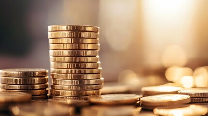 Leinwandbilder - Shiny Gold Coins Stacked Neatly with a Warm Background Evoking Wealth and Prosperity : Generative AI