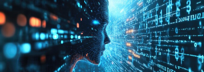 Artificial Intelligence Concept Illustrated by AI Head in Profile with Glowing Data Streams in Digital Background, 3D Rendering