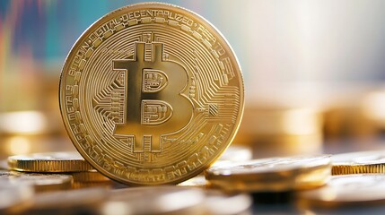 Leinwandbilder - Shiny Bitcoin coin in focus with blurred crypto currencies in the background creating intrigue : Generative AI