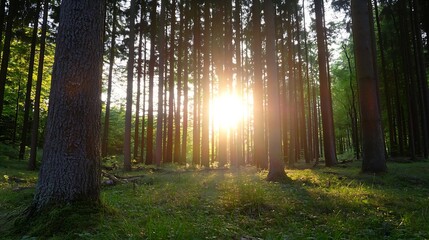 Poster - Stunning sunset shining through tall trees in a tranquil forest scene : Generative AI