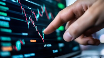 Leinwandbilder - Close up of hand pointing at financial stock market data on a laptop screen with graphs and charts : Generative AI