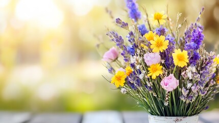 Poster - Beautifully arranged bouquet of vibrant flowers in a rustic pot catching sunlight creating a soft ambiance : Generative AI