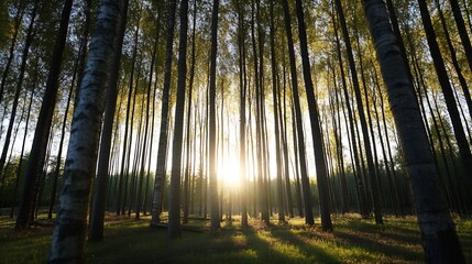 Aufkleber - Sunlight streaming through tall trees in a peaceful forest during sunset creating enchanting shadows : Generative AI
