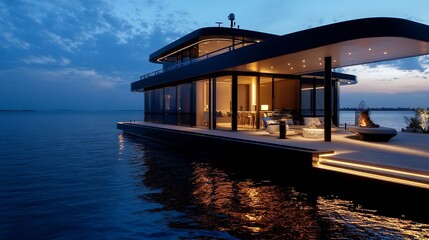 Aufkleber - Stunning modern waterfront house design with sleek architecture and serene outdoor lighting : Generative AI