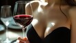 © Maerin Jofan - Woman holding a glass of red wine, sensual, sophisticated atmosphere, elegant setting.