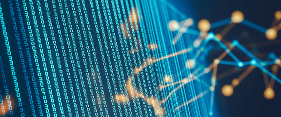 Abstract digital background with cyan binary code and glowing nodes, suggesting data flow and network connections, ideal for technology or innovation concepts
