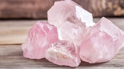 Aufkleber - Beautiful pink rose quartz stones arranged on wooden surface creating natural healing vibes : Generative AI