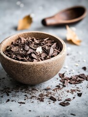 Poster - Natural chocolate shavings in a wooden bowl on a rustic background for culinary art : Generative AI