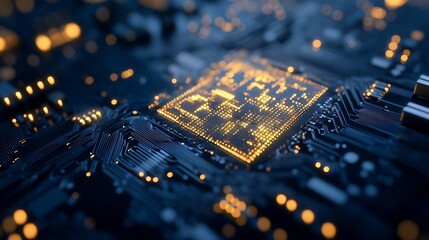 Fototapete - Close Up View of a Detailed Microchip Circuit Board with Glowing Lights : Generative AI