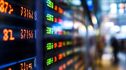 Fototapete - Stock market display panels showing fluctuating prices in a vibrant financial hub : Generative AI
