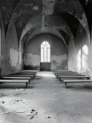 Poster - Abandoned interior of a rustic church with simple wooden benches and peeling walls in black and white : Generative AI
