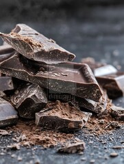 Aufkleber - Rich dark chocolate pieces stacked with fine cocoa powder on a dark background : Generative AI