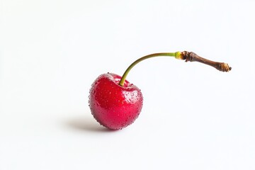 Poster - Single Wet Cherry on White Background Close Up Freshness and Purity Captured with Simple Composition and Natural Light