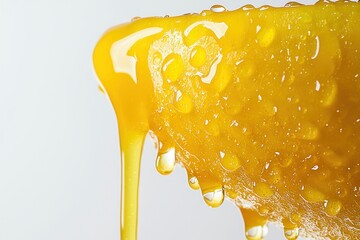 Poster - Golden flow of honey drip with sparkling drops on cell texture a sticky and sweet treat on light surface