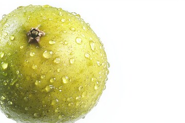 Poster - Fresh light green apple close up glistening with droplets reflecting light on a white background in studio detail for fresh food product
