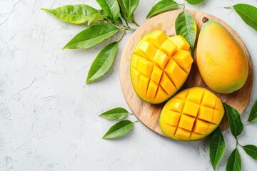 Poster - Sliced fresh mango halves on light wooden cutting board with leafy branches on white textured backdrop