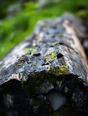 Poster - Closeup of a weathered tree trunk covered with vibrant green moss highlighting nature's resilience : Generative AI