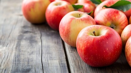 Poster - Fresh ripe red apples artfully arranged on a rustic wooden table creating a vibrant and appetizing display : Generative AI