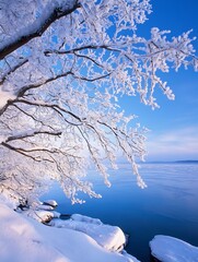 Poster - Beautiful frosty trees along a tranquil water body capturing the essence of winter wonderland : Generative AI