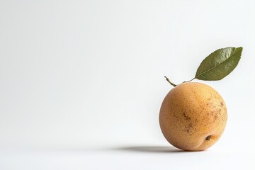 Poster - Radiant pear with single leaf on white backdrop capturing simplicity and freshness showcasing organic texture and soft natural lighting