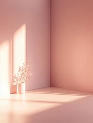 Aufkleber - Minimalist Interior with Pink Walls and Sunlight Casting a Warm Gentle Glow on the Corner Vase of Dried Leaves