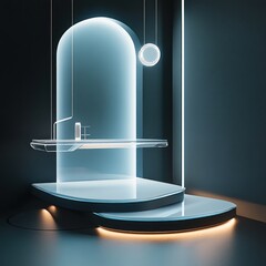 Poster - Serene architectural design exhibiting luminescent elements against a minimalist navy background artful display modern mood