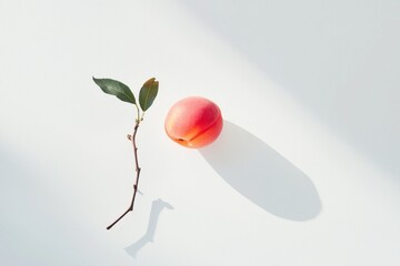 Poster - Fresh apricot with leaves on white background in studio light creating a minimalist art mood