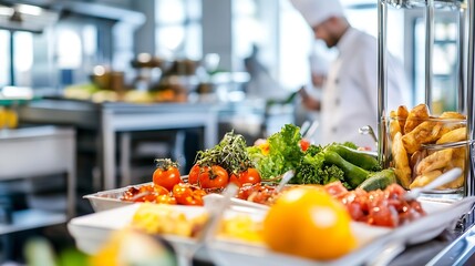 Poster - A vibrant assortment of fresh vegetables and fruits prepared in a commercial kitchen setting : Generative AI
