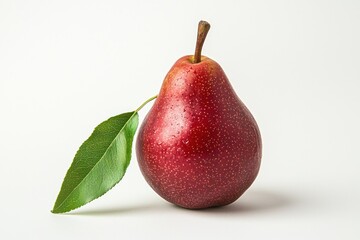 Poster - Radiant red pear on a clean white background close up shot showcasing freshness organic fruit stem and vibrant leaf