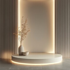 Poster - Elegant neutral display with dried flowers vase bowl against a lighted beige wall serene modern design