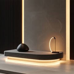Aufkleber - Interior design showcase stone platform featuring decor object and modern light illuminating elegant background
